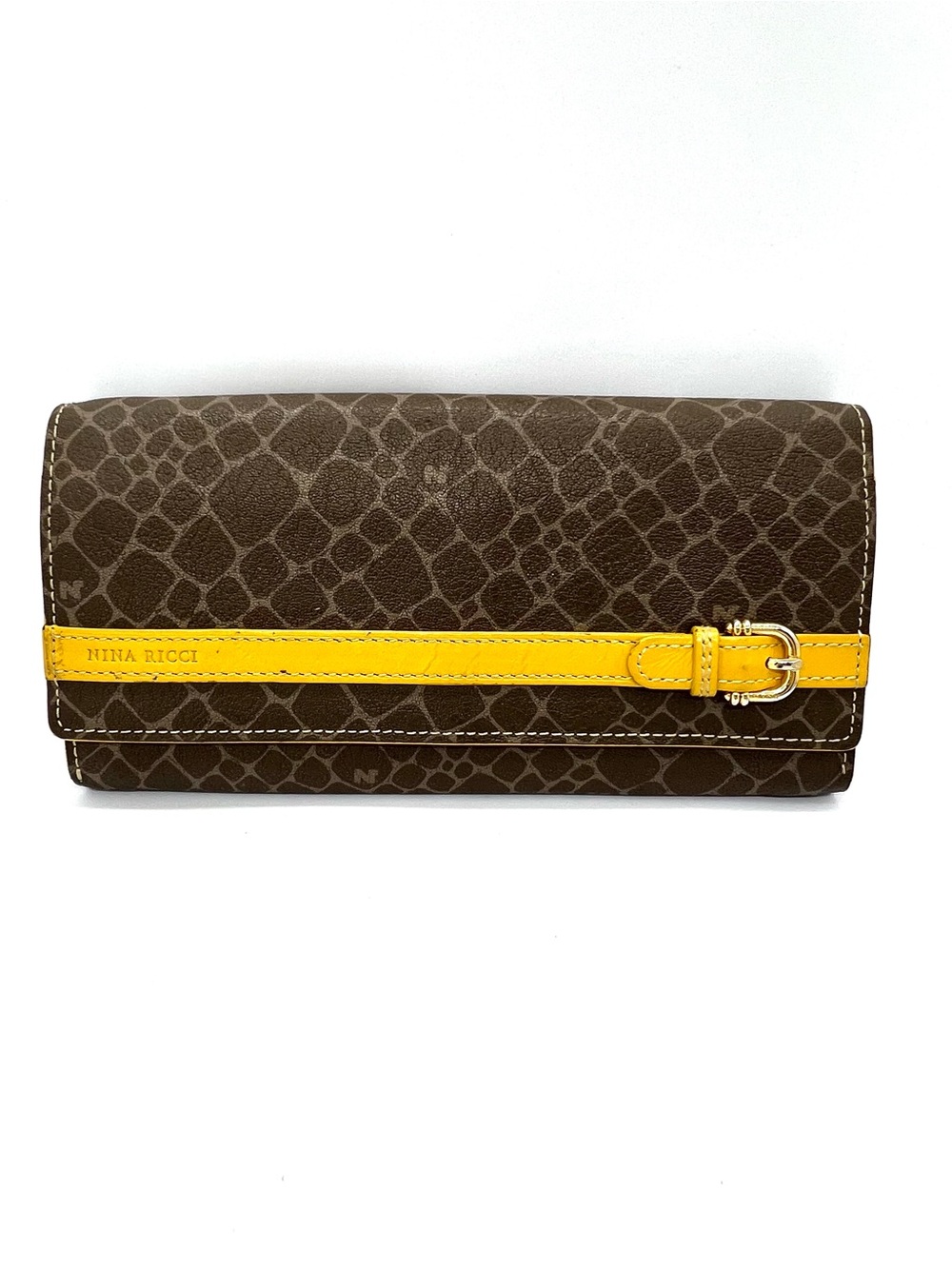 Nina Ricci Brown Patterned Wallet with Yellow Belt Detail